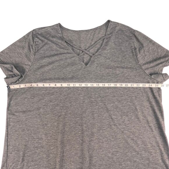 3X Heathered Gray Criss Cross V Neck Tee Crossover Neck Short Sleeve Knit Top - Picture 3 of 8